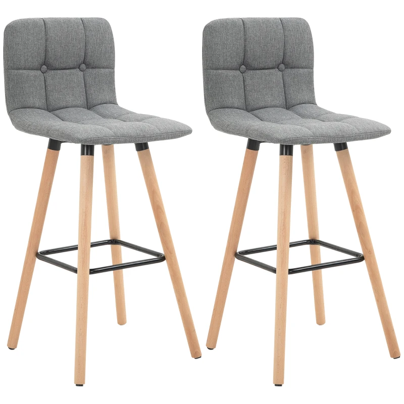 HOMCOM Lot de 2 tabourets de bar, chaises de bar capitonnées avec dossier et repose-pieds, pieds en bois, 41,5x47x97,5cm, gris