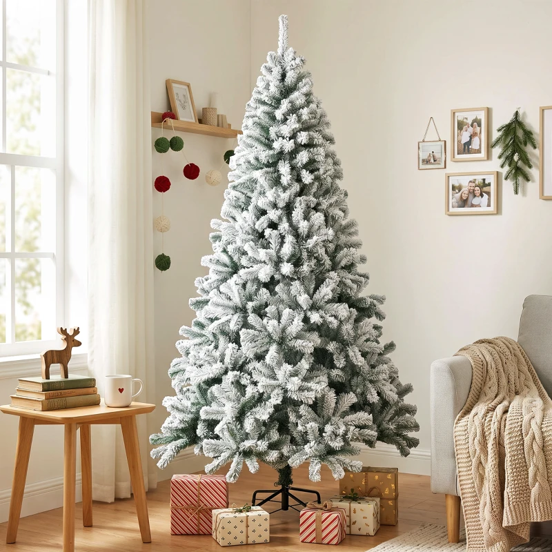 HOMCOM Árbol de Navidad Nevado de 220 cm con 1000 Puntas de PVC Ignífugo Ramas Articuladas Montaje Rápido Verde y Blanco