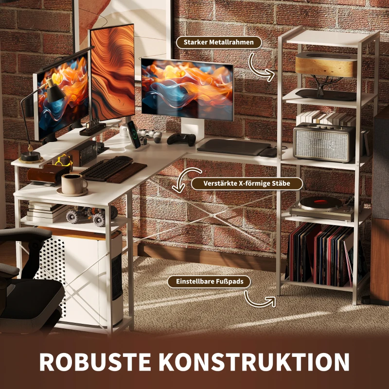 HOMCOM L-vormig bureau met oplaadstation, hoekcomputertafel met monitorstandaard en planken, voor thuiskantoor, kantoor, Wit(m-7)