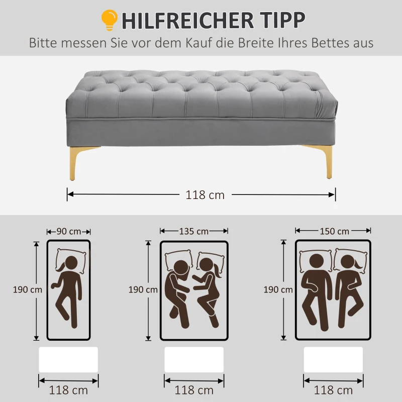 HOMCOM Zitbank, bedbank, schoenenbank met verhoogde poten, slaapkamer, fluweel blauw 118 x 45 x 42 cm