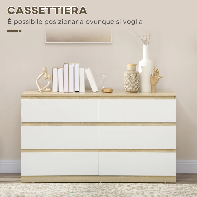 HOMCOM Cassettiera 6 Cassetti Moderna in Legno, 135x48x77cm, Bianco e Colore Legno