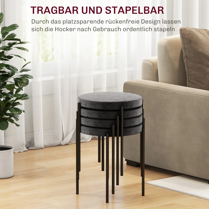HOMCOM Keukenkrukken 4-stuks Set, Stapelbaar, Fluweeloptiek, tot 100kg, Metalen Frame, 41,5 x 41,5 x 46 cm, Donkergrijs(m-5)