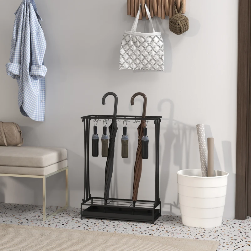 Suport de Umbrele HOMCOM cu Tavă pentru Apa, 21 de Orificii și 24 de Cârlige pentru Umbrelă, din Oțel, 50x24x68 cm, Negru