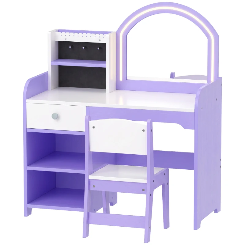 AIYAPLAY Tocador de Maquillaje Niña con Espejo de LED de 2 Colores Taburete 2 Soportes para Joyas Cajón 2 Compartimentos Morado