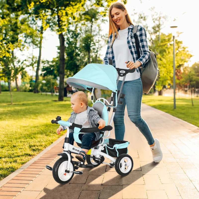 HOMCOM 6-in-1 Kinderdriewieler met Duwstang, Zonnedak, Veiligheidsgordel, Opbergmand, voor Kinderen van 1-5 Jaar, Groen