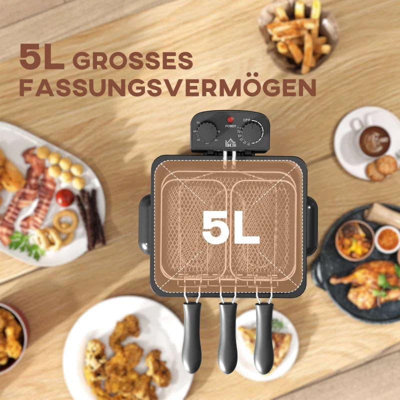 HOMCOM Friteuse met 5 L Oliecapaciteit, Timer, Kijkvenster, 2000W Vermogen, Zilverkleurig