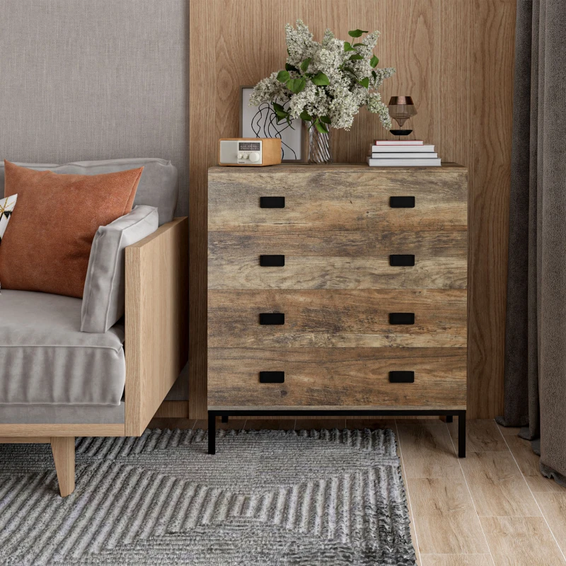 HOMCOM Commode 4 tiroirs meuble de rangement design industriel piètement métal noir 80 x 39 x 95 cm