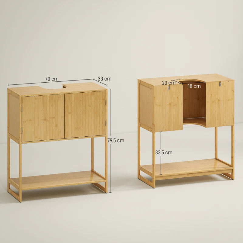 HOMCOM Meuble sous lavabo salle de bain en bambou et MDF meuble sous vasque 2 portes et 1 étagère - 70L x 33l x 79,5H cm