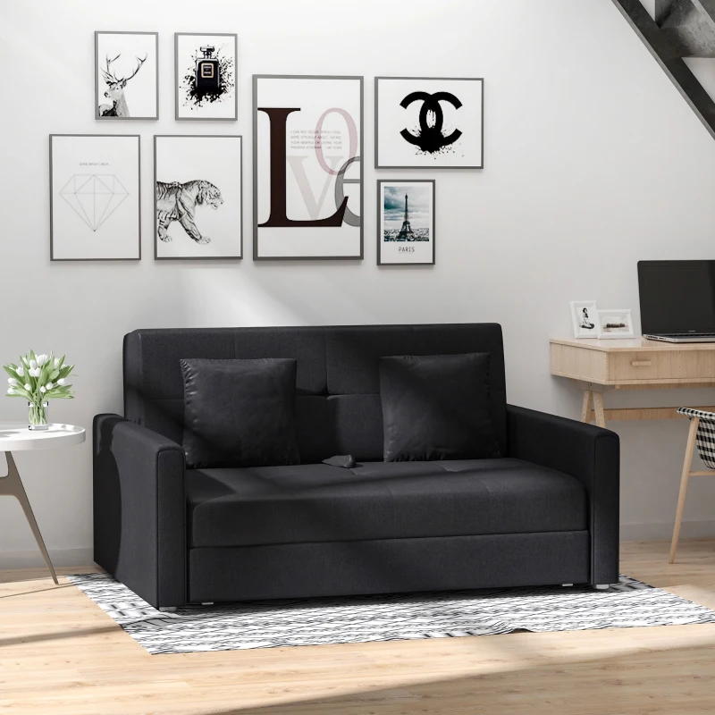 HOMCOM Sofá Cama de 2 Plazas Sofá Cama Tapizado en Poli Algodón con 2 Cojines Desmontables y Espacio de Almacenamiento Sofá Doble para Salón Oficina  152x101x81 cm Gris Carbón