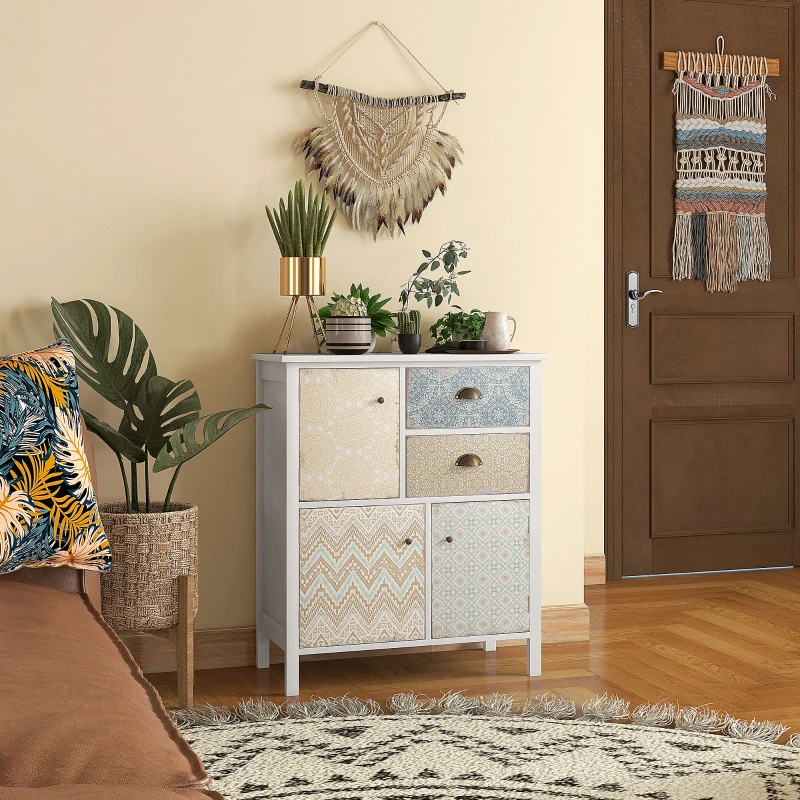 HOMCOM Sideboard, Shabby Chic Commode, 2 Laden, 3 Kasten, Grenenhout, 68x34x80cm, Wit