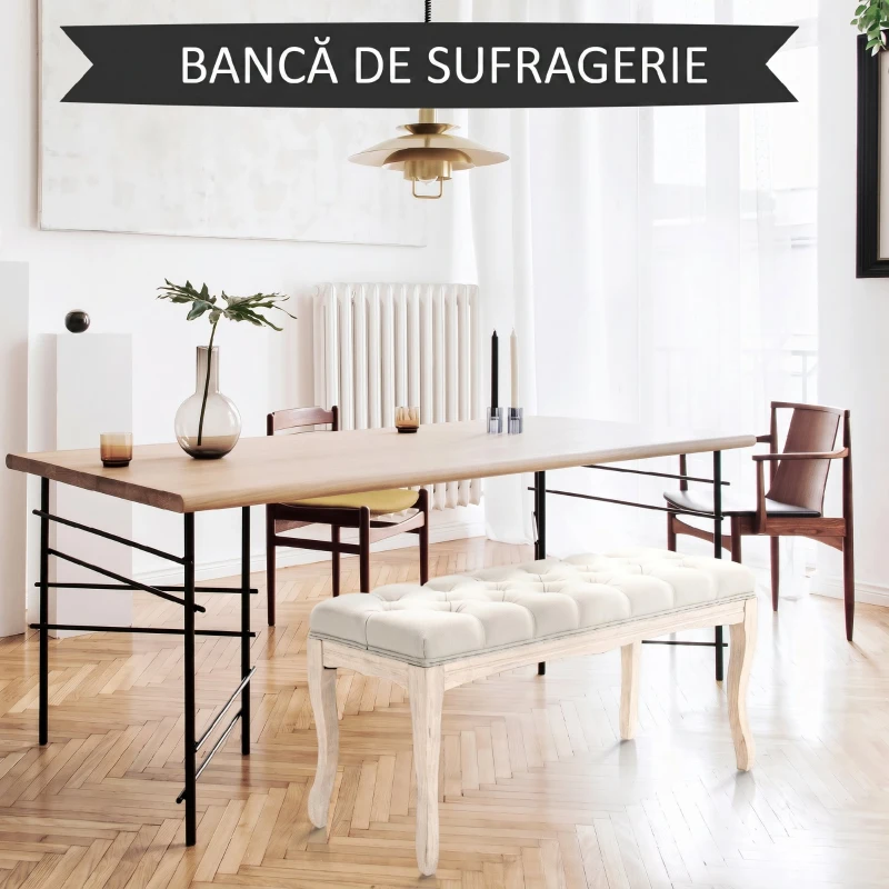 HOMCOM Bancă Vintage pentru Capătul Patului cu Șezut Tapițat din Material Textil și Picioare din Lemn, 110x40x48cm, Bej