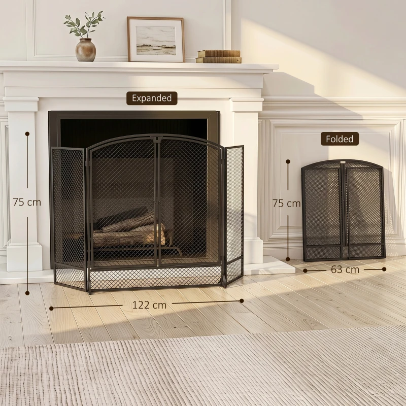 HOMCOM Faltbarer Kamin-Funkenschutz 3 Paneele, 2 Türen, Moderner Stil, Funkenschutz aus Metall, 122 x 10 x 75 cm, Schwarz