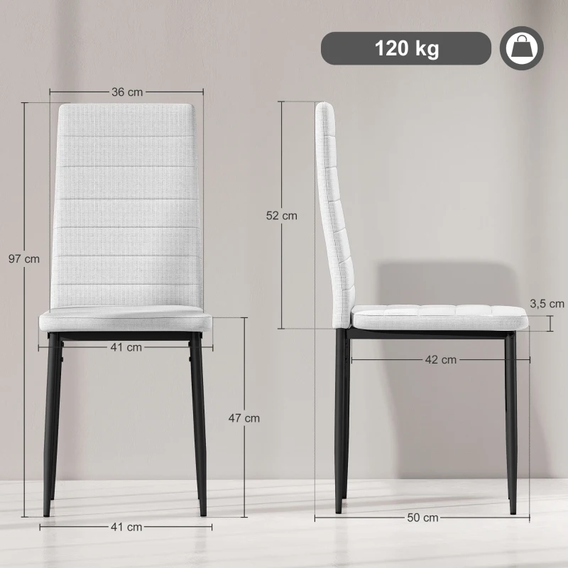 HOMCOM Conjunto de 6 Cadeiras de Sala de Jantar Estofadas em Linho com Pernas em Metal Cadeiras Modernas para Cozinha Quarto Suporta até 120 kg 41x50x97 cm Branco
