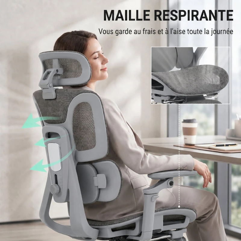 HOMCOM Chaise Bureau Ergonomique avec Accoudoirs 6D Appui-Tête et Profondeur d'Assise Réglables Maille Gris