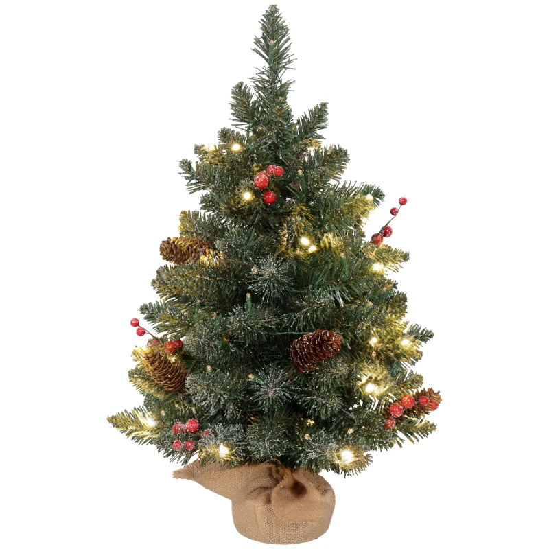HOMCOM Mini Árvore de Natal 60 cm com Luzes Integradas 86 Ramos Pinhas Bagas Vermelhas Base em Cimento Verde