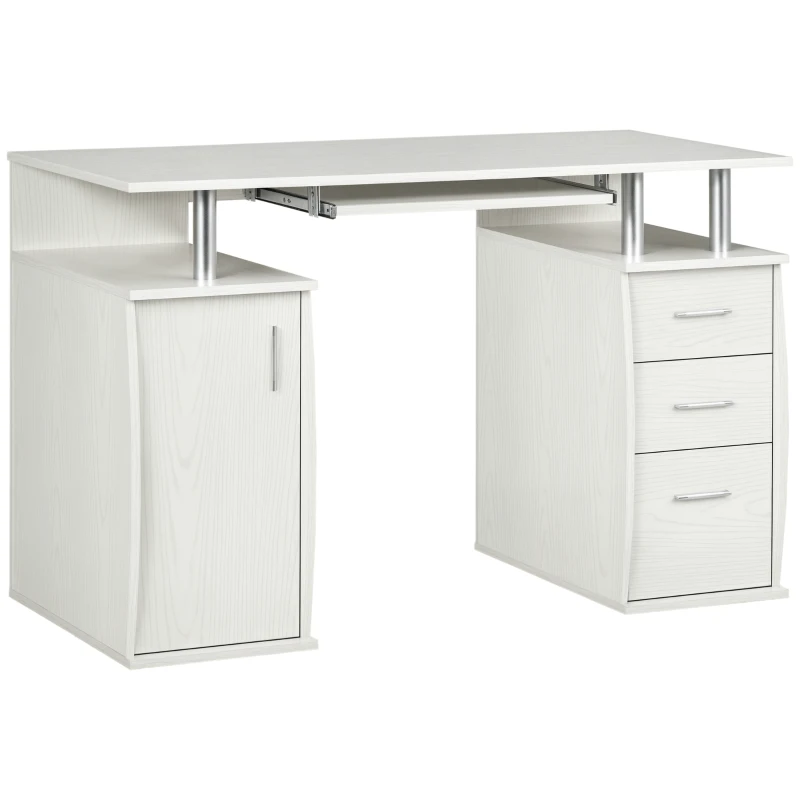 HOMCOM Bureau d'ordinateur, bureau informatique 120 x 55 cm avec plateau pour clavier, 3 tiroirs, pour chambre, domicile, blanc