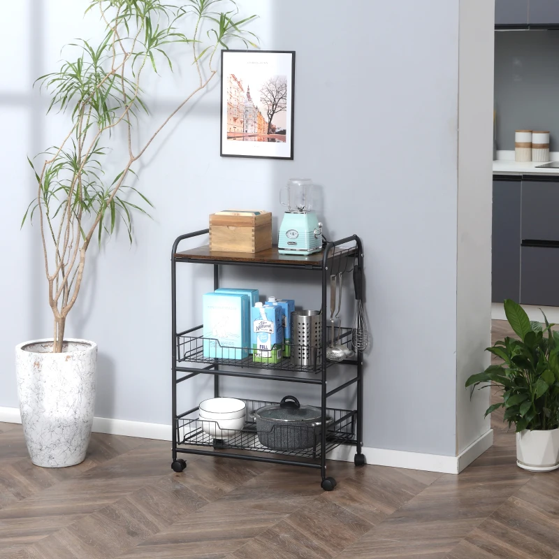 HOMCOM Carrito Auxiliar con Ruedas de 3 Niveles Carrito de Cocina con 2 Cestas y 4 Ganchos 60x38x85,5 cm Marrón Rústico