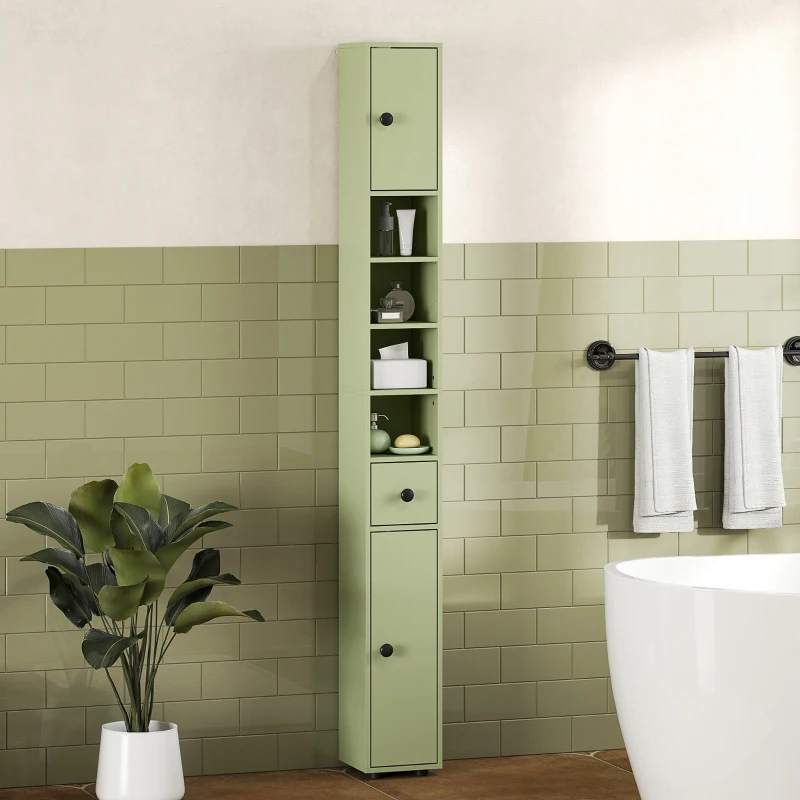 kleankin Colonne de rangement armoire haute pour salle de bain 1 tiroir 4 étagères réglables et 2 placards 20 x 20 x 180 cm vert