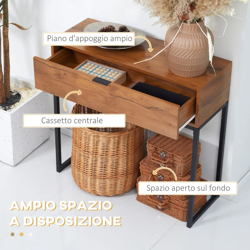 HOMCOM Consolle da Ingresso Minimal con Cassetto, in Legno e Acciaio, 80x30x76 cm, Color Legno e Nero