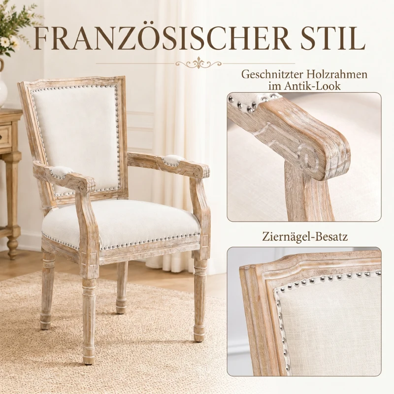 HOMCOM Eetkamerstoel in Franse Landelijke Stijl, Decoratieve Nagels, Rubberhout, Crème, 54,5 x 59 x 96 cm