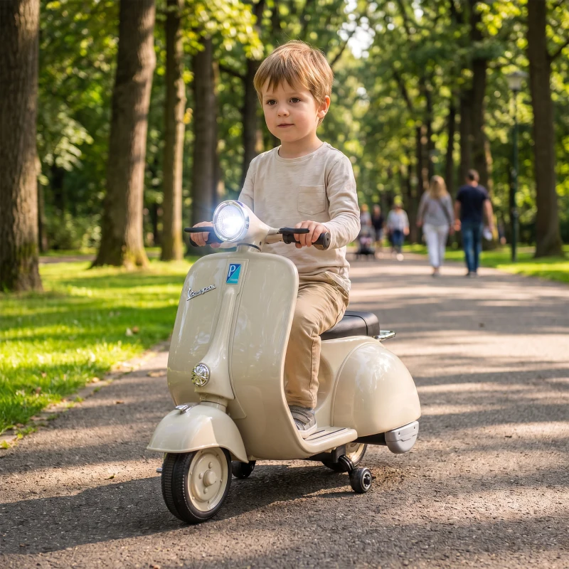 AIYAPLAY Mota Elétrica Infantil VESPA com Arranque Suave, Rodinhas, Luz, Música e USB - Branco
