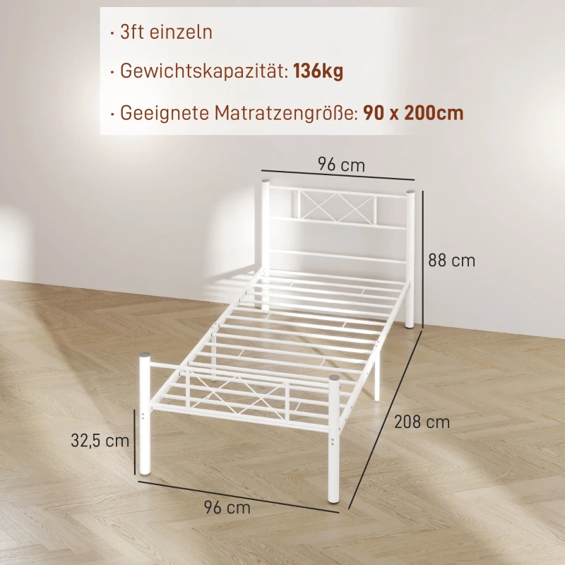 HOMCOM Eenpersoonsbedframe met Hoog Hoofdeinde, Eenvoudige Montage, Opbergruimte onder het Bed, Staal, Wit