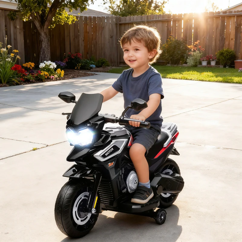 AIYAPLAY Elektrische motor voor kinderen van 18-36 maanden, zitvoertuig, hulpwielen, verlichting, muziek, kunststof, staal, zwart