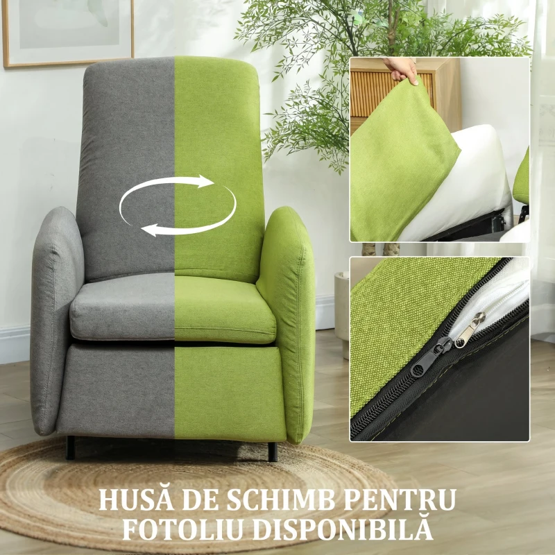 HOMCOM Fotoliu Relaxant Reclinabil cu Suport pentru Picioare Extensibil, Husă de Schimb și Șezut cu Arcuri, Gri