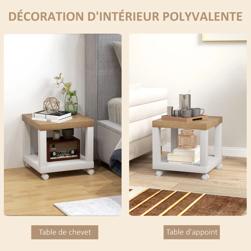 HOMCOM Table d'appoint roulante, table basse moderne avec étagère ouverte, 40 x 40 x 40 cm, bois naturel & blanc