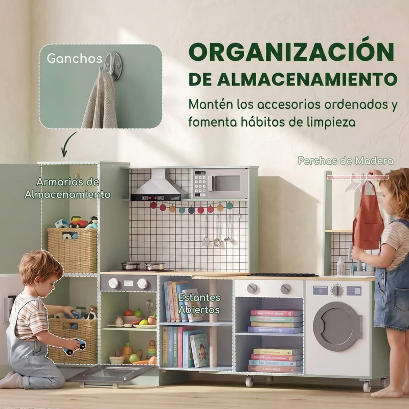 AIYAPLAY Cocina Infantil de Juguete de Imitación con Microondas Horno y Encimera Giratoria sobre Ruedas 160x32x97,5 cm Verde Claro