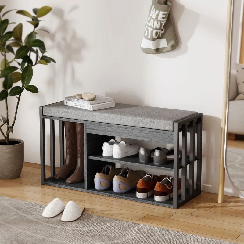 HOMCOM Schoenenrek met schoenenbank, entree rek voor schoenen, schoenenkast met drievoudig ontwerp, voor hal, entree, woonkamer, slaapkamer, Grijs