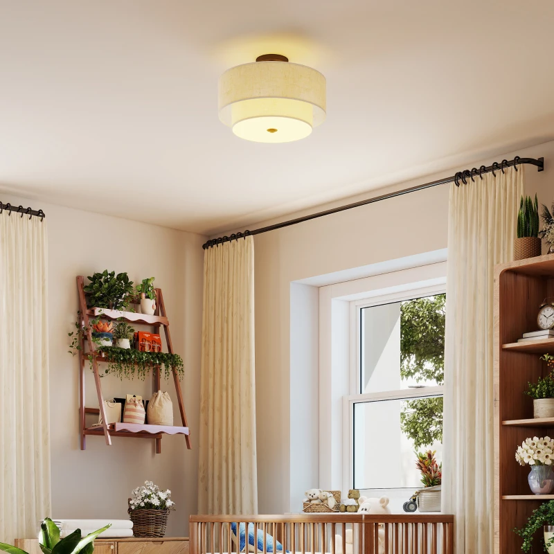 HOMCOM Plafondlamp, hanglamp met dubbele linnen lampenkappen, Crème-wit