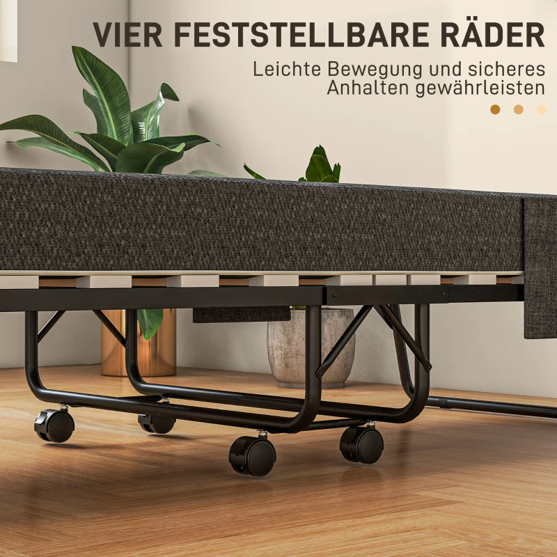 HOMCOM Opklapbed, Matras, 4 Wielen, Metalen Frame, Tot 150 kg, 190 x 80 x 42 cm, Donkergrijs