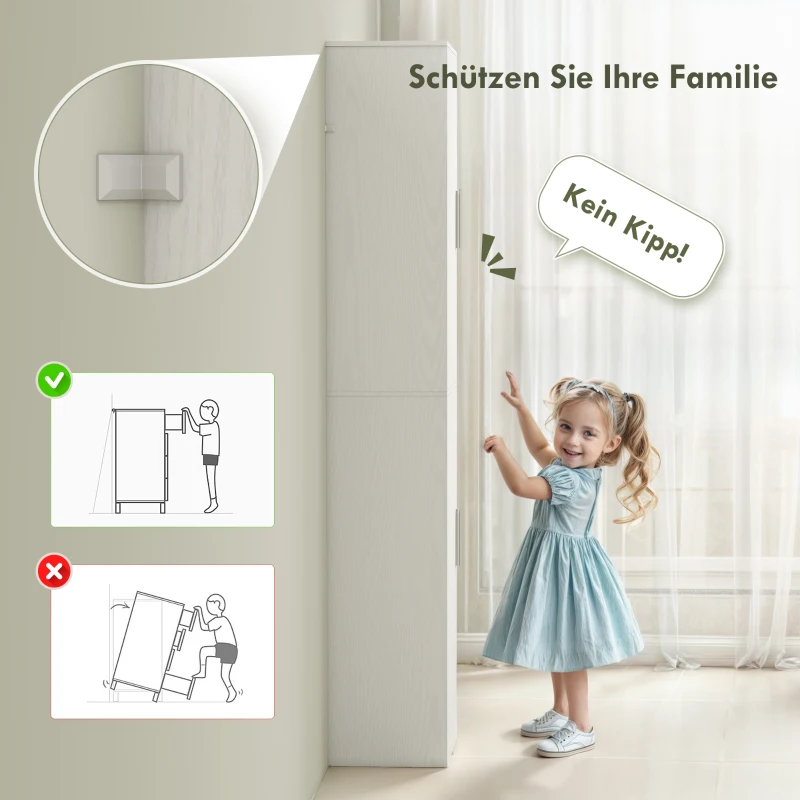 HOMCOM Badkamerkast 180 cm hoog, smalle kast met 2 deuren en 4 verstelbare planken, spaanplaat en MDF, wit