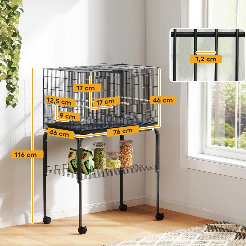 PawHut Cage à Oiseaux Volière Intérieur Acier avec Séparateur, 4 Perchoirs, Plateau Coulissant, 4 Mangeoires, 76x46x116cm, Noir