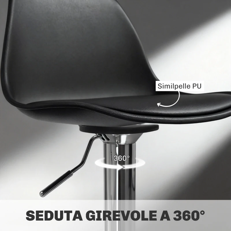 HOMCOM Set 2 Sgabelli da Bar con Schienale e Poggiapiedi, in PP, Pelle PU e Acciaio, 41x42x82-104 cm, Nero