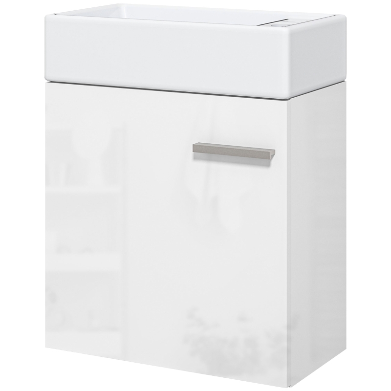 HOMCOM Mueble de Baño con Lavabo de Pared con Puerta con Cierre Suave y Armario 40x23x50 cm Blanco Brillante