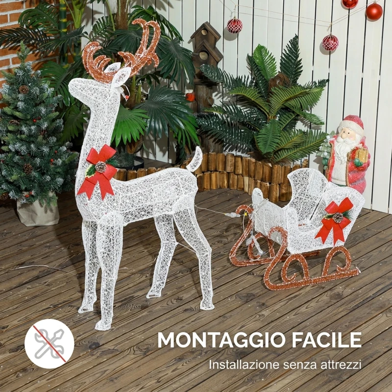 Outsunny Renna Natalizia Illuminata con Slitta con 170 LED, Decorazione di Natale per Casa e Giardino, Bianco e Rosso