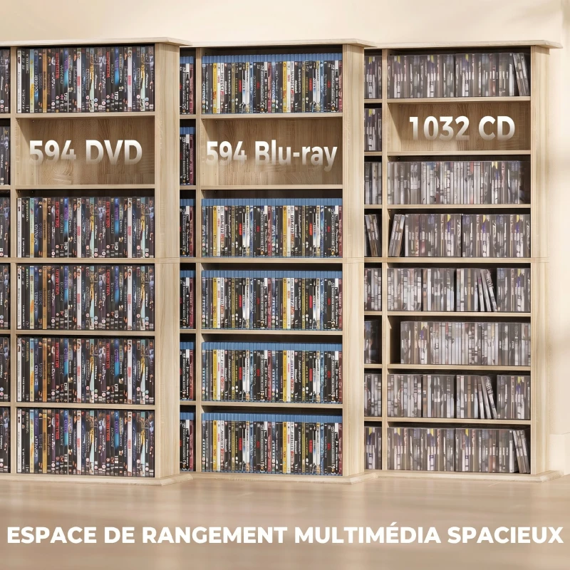 HOMCOM Meuble de rangement 1032 CDs / 594 DVDs, étagère multimédia, 24 compartiments et 18 étagères ajustables, chêne
