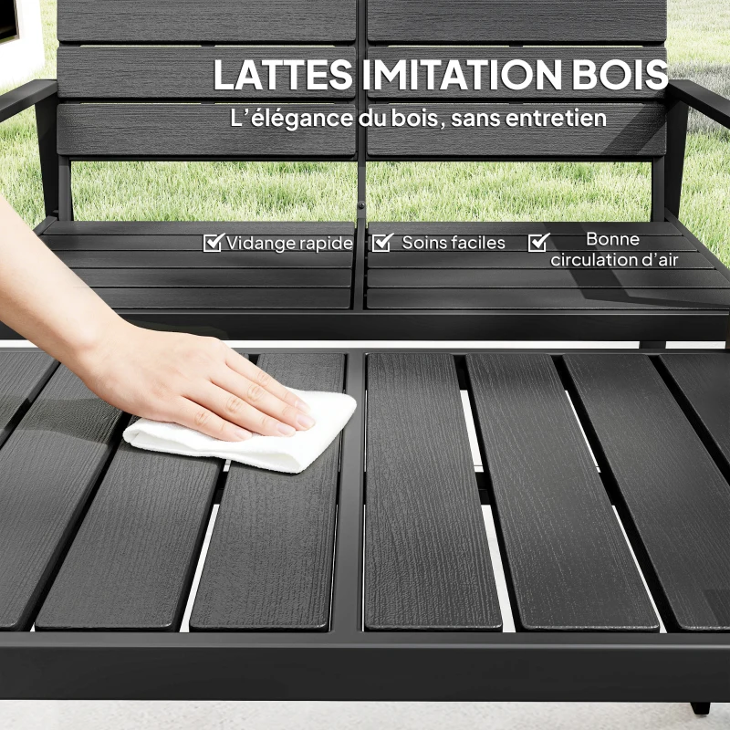 Outsunny Salon de Jardin Extérieur 4 Pièces, Canapé 2 Places, 2 Chaises, Table Basse, Mobilier de Jardin en HDPE Effet Bois Noir