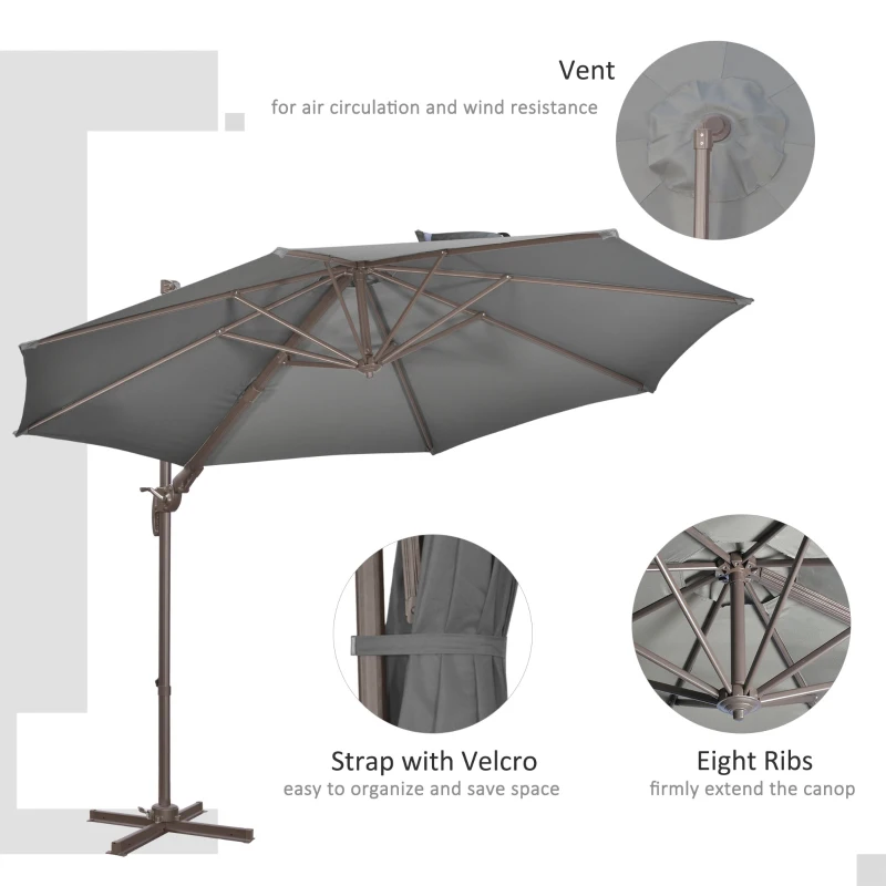 Outsunny 3(m) Cantilever Parasol with 360° Rotation Roma Umbrella, Hanging Sun Shade with Aluminium Frame, Tilt Crank, 8 Ribs and Cross Base, Dark Grey