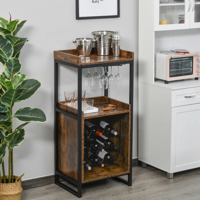 HOMCOM Casier à vin design industriel étagère à bouteilles 9 bouteilles support verres à vin intégré métal noir aspect vieux bois veinage, 52 x 40 x 113 cm, marron