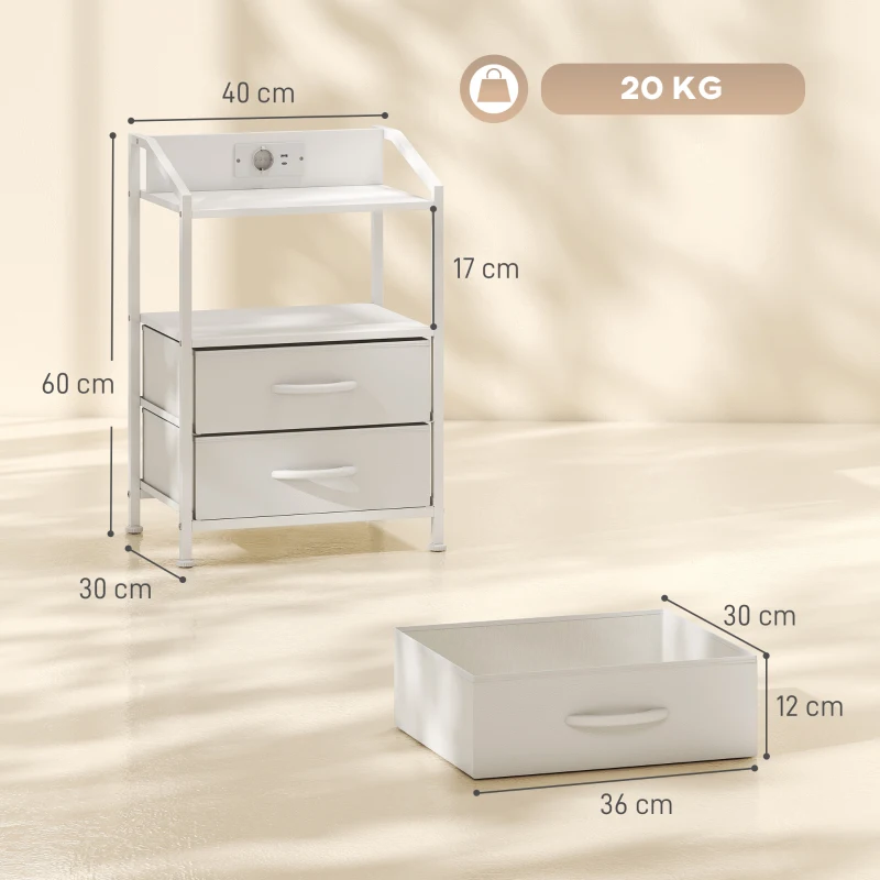 HOMCOM Set de 2 Noptiere Con Lumini Led E Stație de Încărcare, Alb