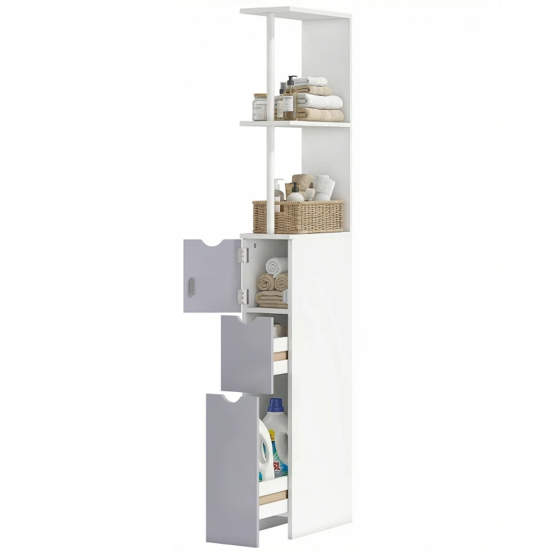 HOMCOM Colonna Bagno, Mobile Bagno Salvaspazio in Legno, Mobiletto con Armadietto, Ripiani e Cassetti, 15x33x136.8 cm, Grigio Chiaro