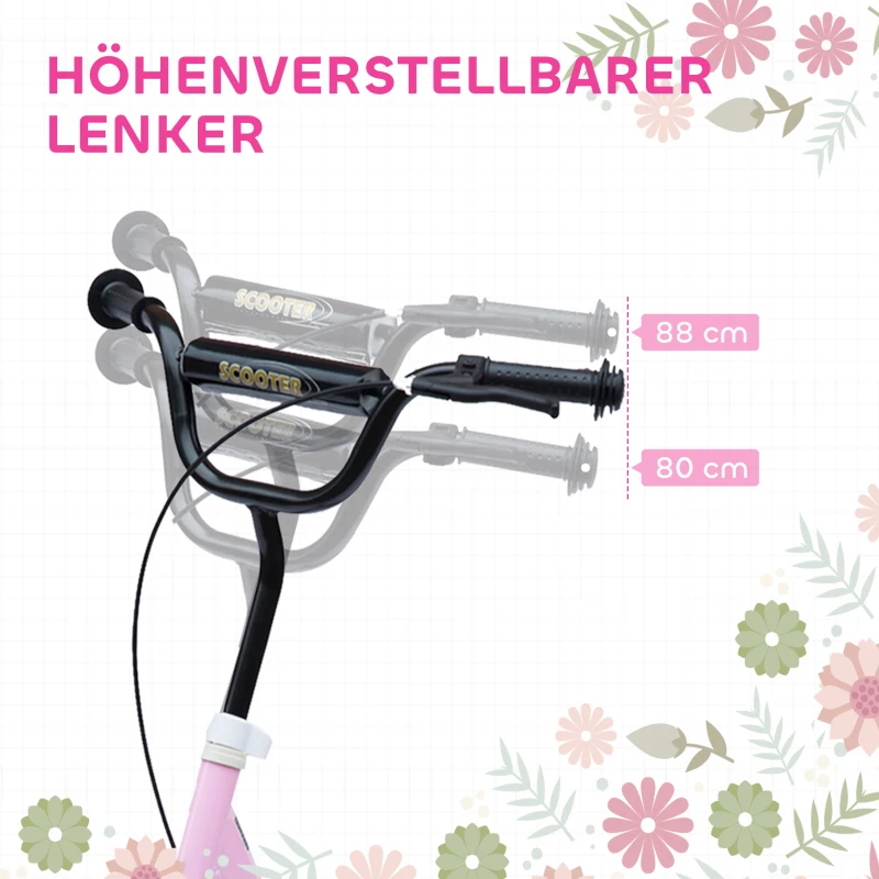 HOMCOM Step, Scooter voor Kinderen, met Handrem, Standaard, 12 Inch Wielen, vanaf 5 Jaar, Staal, Roze 120 x 52 x 88 cm(m-4)
