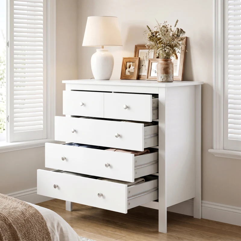 HOMCOM Modern Chest of Drawers, 5 Drawer Storage Cabinet with Metal Handles and Runners for Bedroom, White