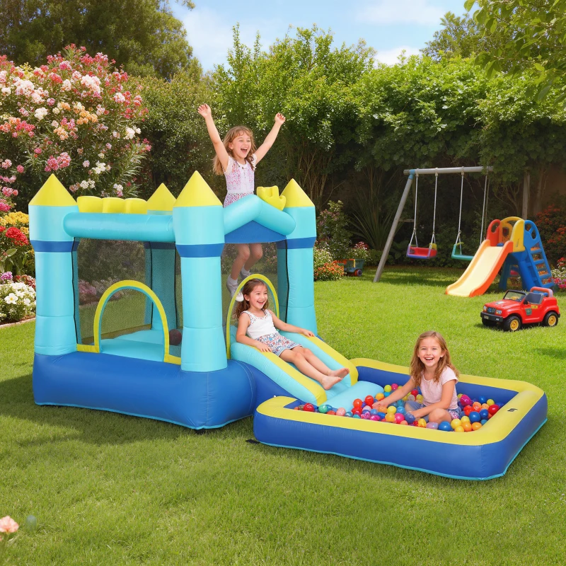 AIYAPLAY Castello Gonfiabile per Bambini con Scivolo, Trampolino, Piscina e Canestro, 364x173x182 cm Blu e Giallo