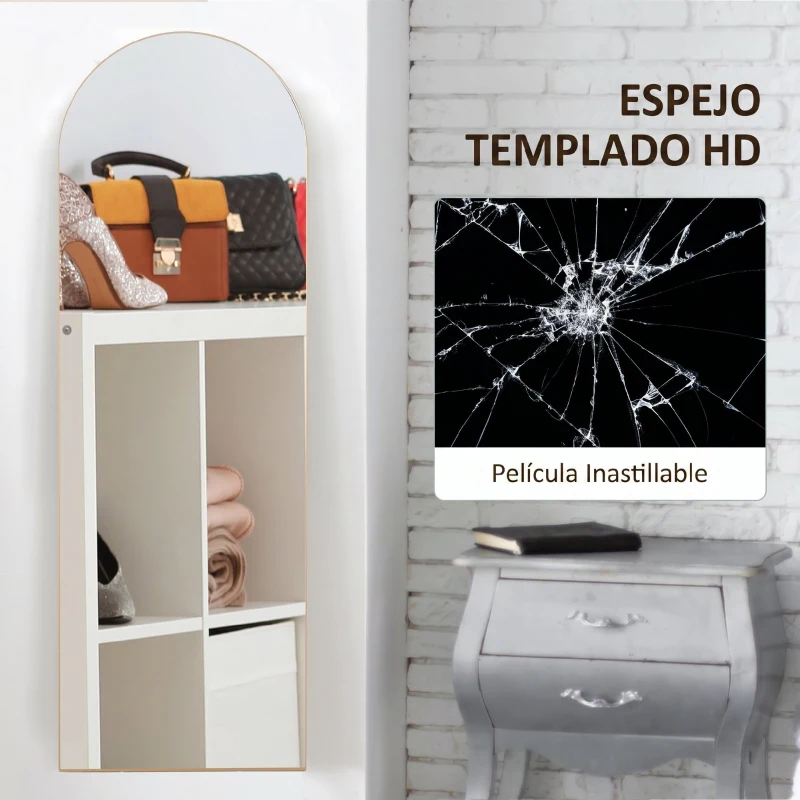 HOMCOM Espejo de Pie Cuerpo Entero Arqueado 150x50 cm Independiente Apoyado y de Pared Sin Marco Dorado