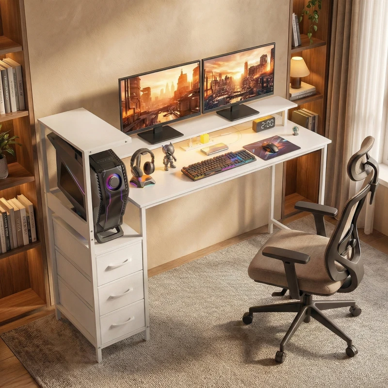 HOMCOM 147cm Gaming Desk with Charging Station and Monitor Stand, Computer Table for Home Office with RGB Lights, White