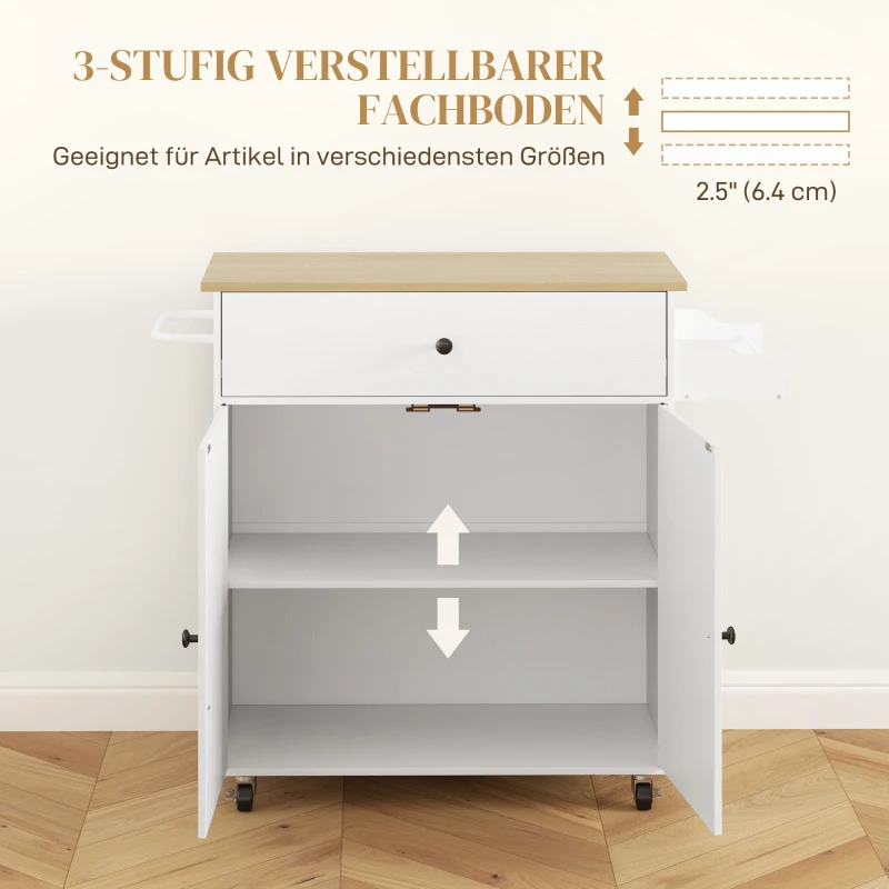 HOMCOM Keukenwagen met lade, kastvak, handdoekhouder, 106 x 42 x 87 cm, Wit/Eiken